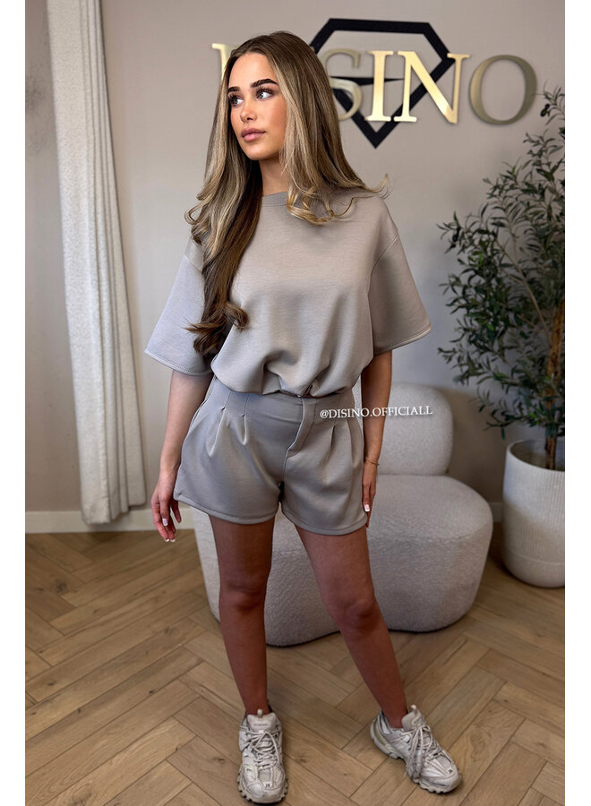 TAUPE - 'MILA SHORT SET' - OVERSIZED TOP + PANTS TWO PIECE SET