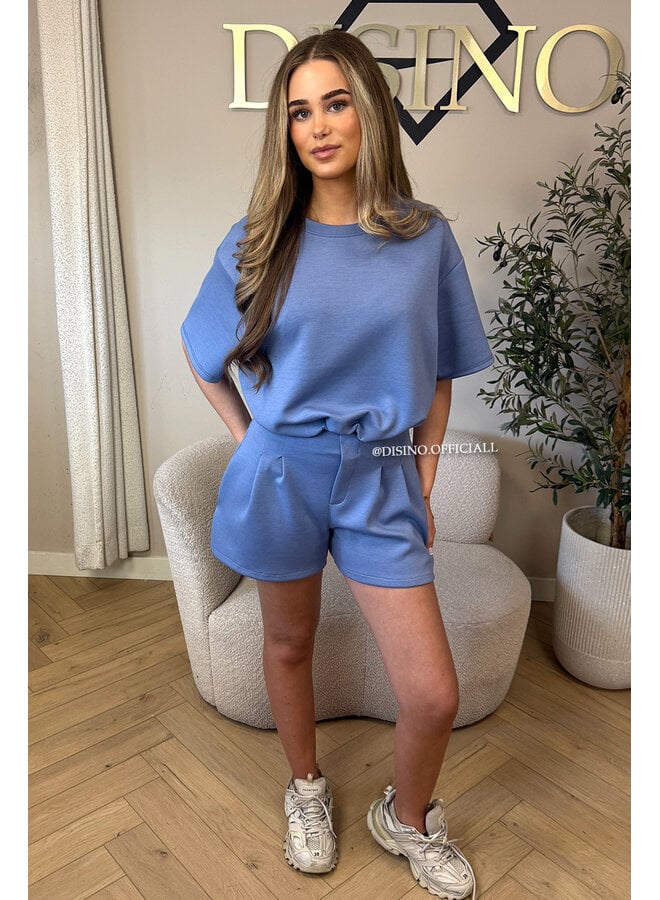 JEANS BLUE - 'MILA SHORT SET' - OVERSIZED TOP + PANTS TWO PIECE SET