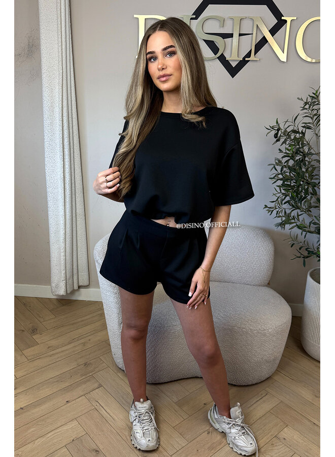 BLACK - 'MILA SHORT SET' - COMFY TOP + SHORTS TWO PIECE SET