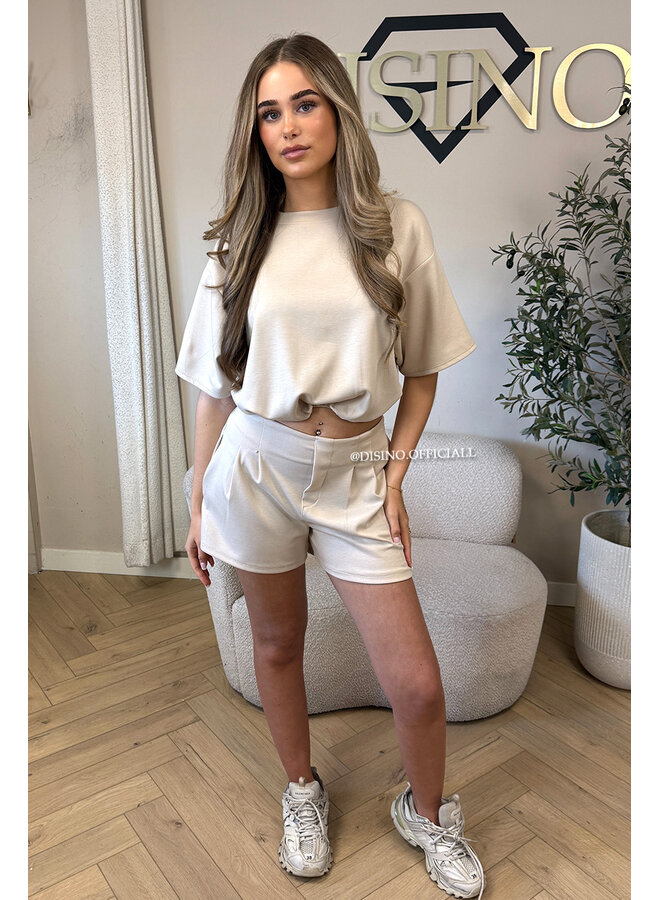 BEIGE - 'MILA SHORT SET' - OVERSIZED TOP + PANTS TWO PIECE SET