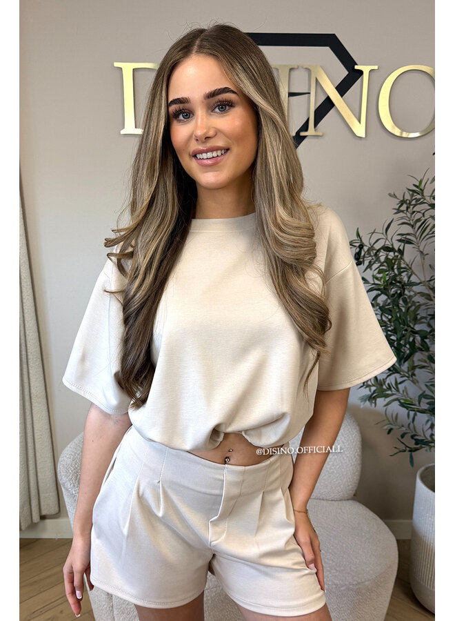 BEIGE - 'MILA SHORT SET' - OVERSIZED TOP + PANTS TWO PIECE SET