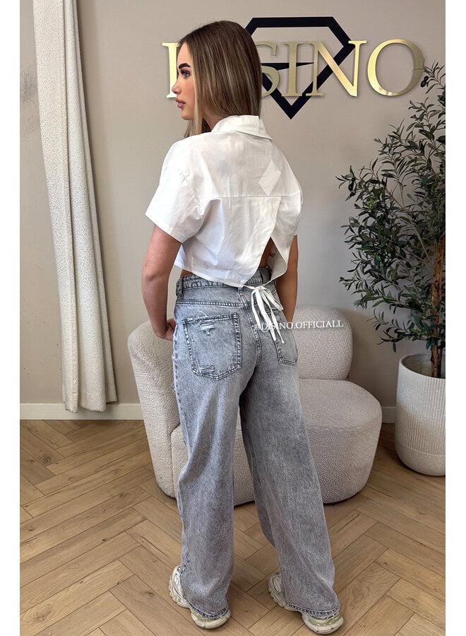 GREY - 'SANTIAGO JEANS' - RIPPED FOLDED WAISTBAND WIDE LEG JEANS