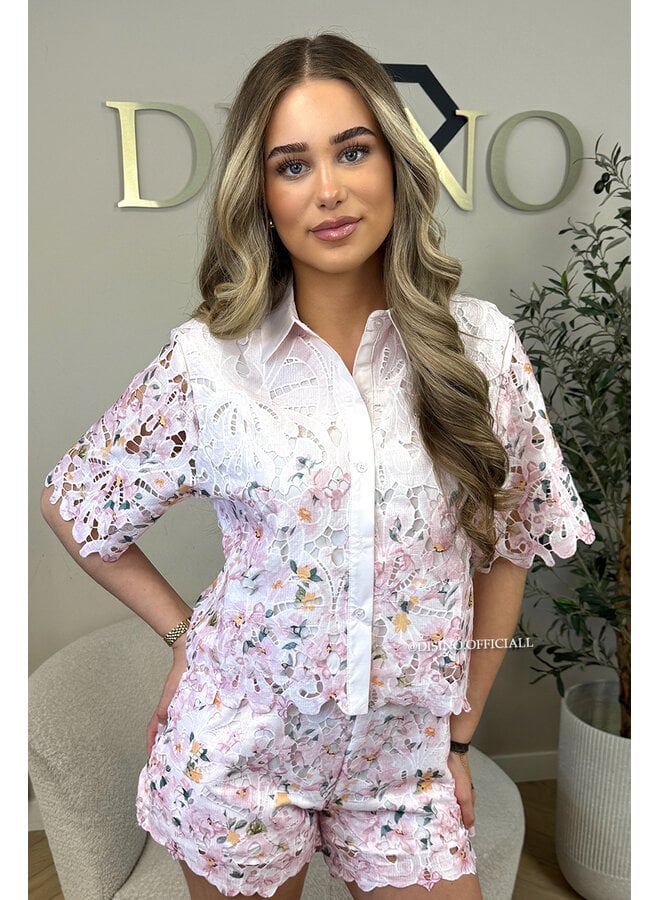 PINK - 'JOANN SET' -CLASSY FLORAL CROCHET LACE BLOUSE + SHORT SET