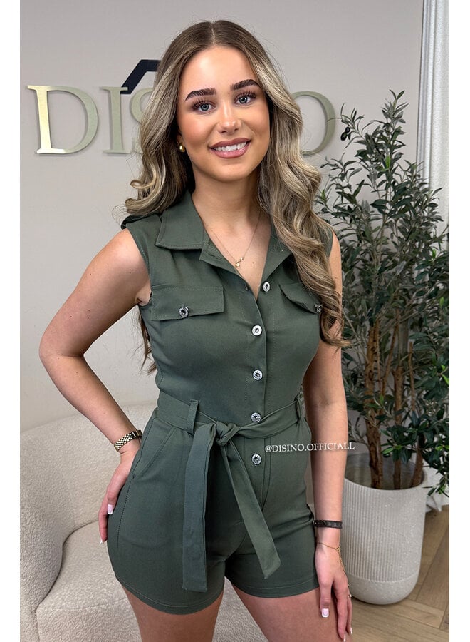 KHAKI GREEN - 'NOA PLAYSUIT' - BUTTON UP CARGO PLAYSUIT