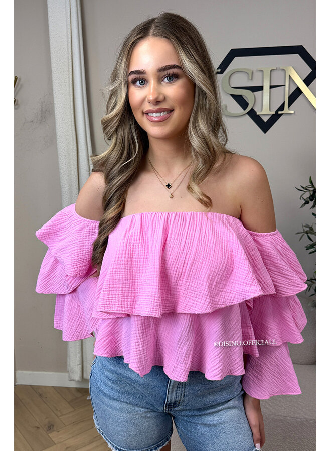 PINK - 'LAYLA V2 TOP' - MOUSSELINE COTTON RUFFLE OFF SHOULDER TOP