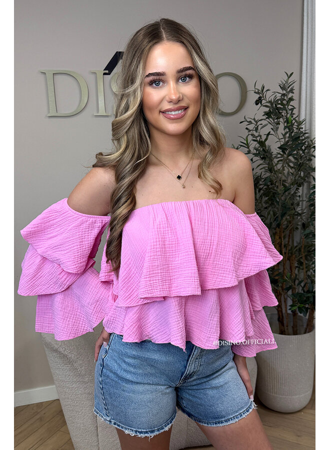 PINK - 'LAYLA V2 TOP' - MOUSSELINE COTTON RUFFLE OFF SHOULDER TOP