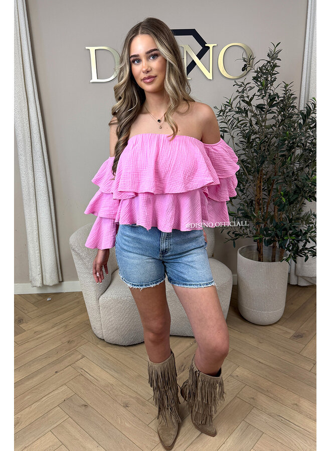 PINK - 'LAYLA V2 TOP' - MOUSSELINE COTTON RUFFLE OFF SHOULDER TOP