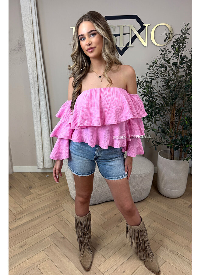 PINK - 'LAYLA V2 TOP' - MOUSSELINE COTTON RUFFLE OFF SHOULDER TOP