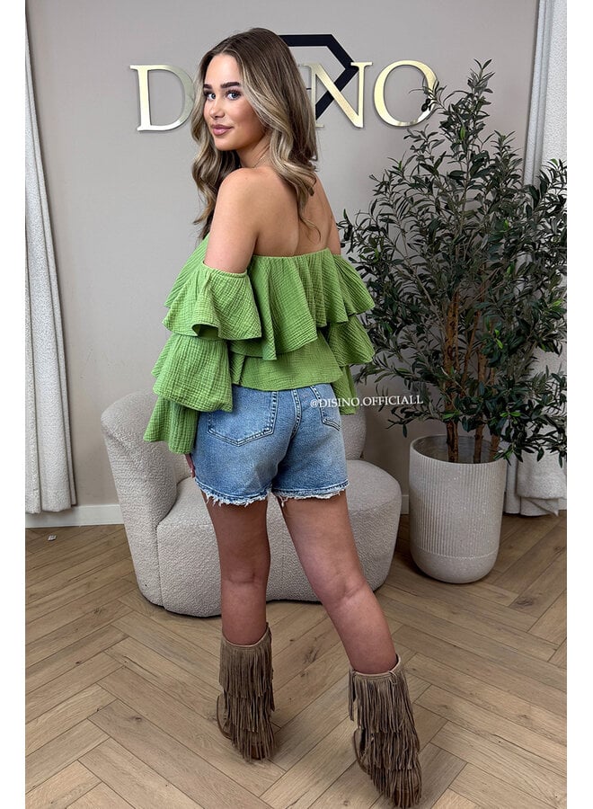 LIME GREEN - 'LAYLA V2 TOP' - MOUSSELINE COTTON RUFFLE OFF SHOULDER TOP
