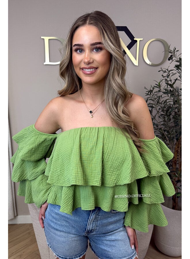LIME GREEN - 'LAYLA V2 TOP' - MOUSSELINE COTTON RUFFLE OFF SHOULDER TOP