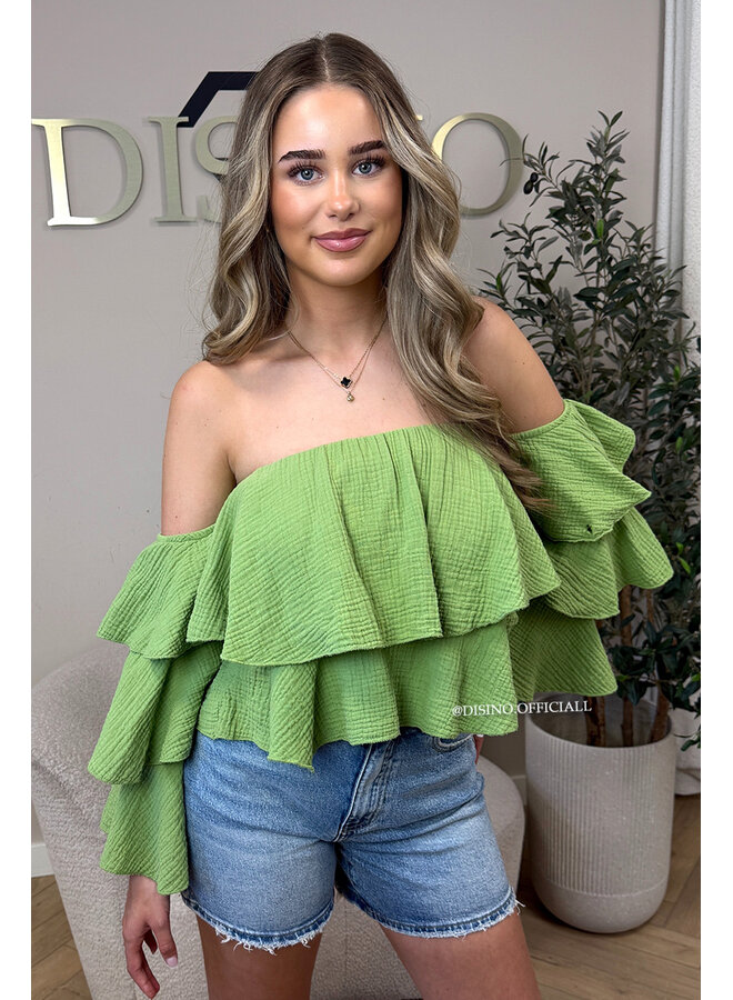 LIME GREEN - 'LAYLA V2 TOP' - MOUSSELINE COTTON RUFFLE OFF SHOULDER TOP