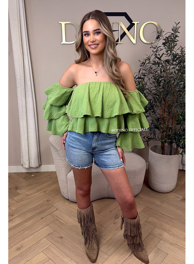 LIME GREEN - 'LAYLA V2 TOP' - MOUSSELINE COTTON RUFFLE OFF SHOULDER TOP