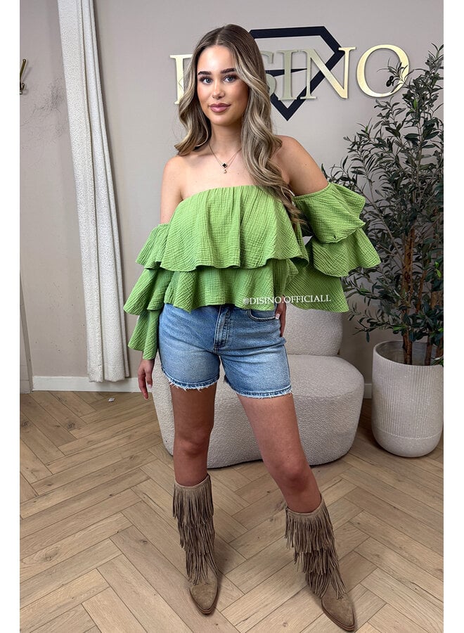 LIME GREEN - 'LAYLA V2 TOP' - MOUSSELINE COTTON RUFFLE OFF SHOULDER TOP