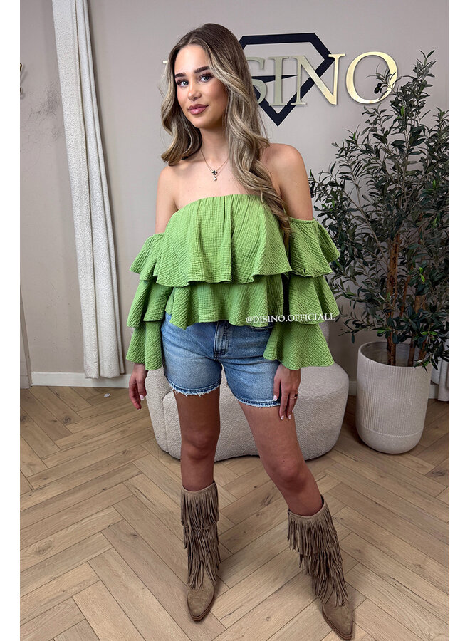 LIME GREEN - 'LAYLA V2 TOP' - MOUSSELINE COTTON RUFFLE OFF SHOULDER TOP