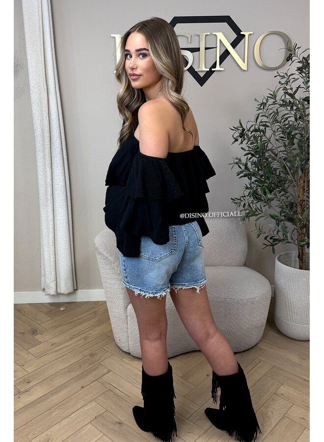 BLACK - 'LAYLA V2 TOP' - MOUSSELINE COTTON RUFFLE OFF SHOULDER TOP
