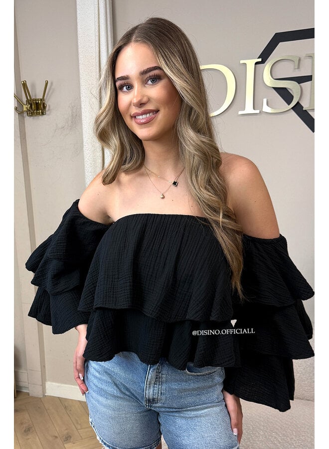 BLACK - 'LAYLA V2 TOP' - MOUSSELINE COTTON RUFFLE OFF SHOULDER TOP