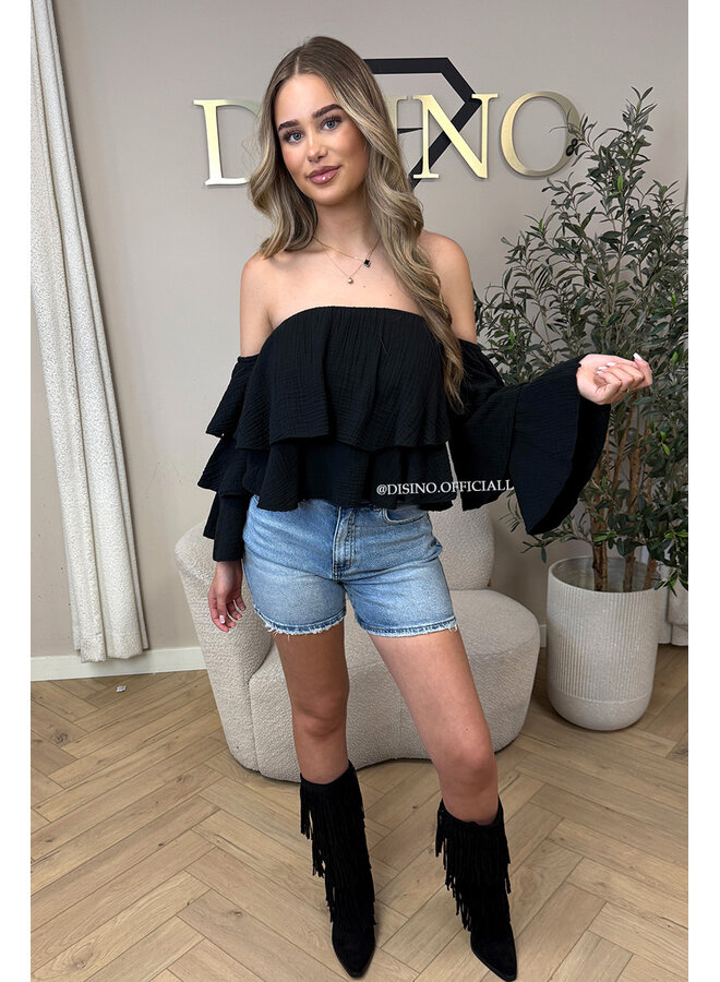 BLACK - 'LAYLA V2 TOP' - MOUSSELINE COTTON RUFFLE OFF SHOULDER TOP