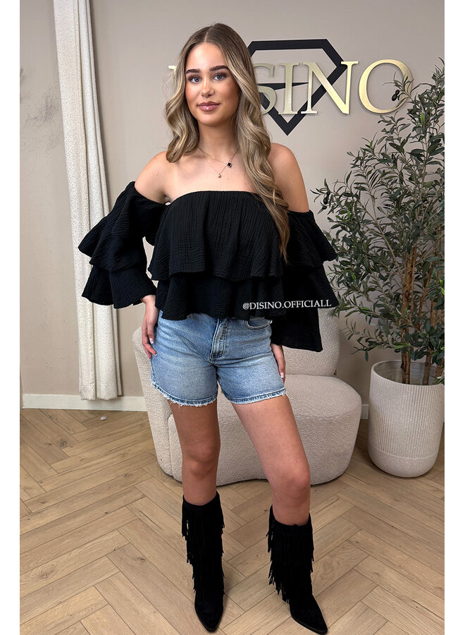 BLACK - 'LAYLA V2 TOP' - MOUSSELINE COTTON RUFFLE OFF SHOULDER TOP