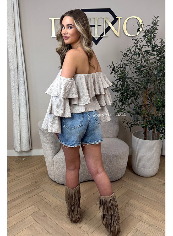 BEIGE - 'LAYLA V2 TOP' - MOUSSELINE COTTON RUFFLE OFF SHOULDER TOP