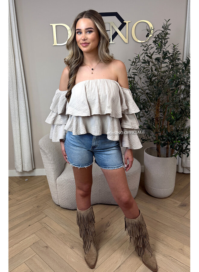 BEIGE - 'LAYLA V2 TOP' - MOUSSELINE COTTON RUFFLE OFF SHOULDER TOP