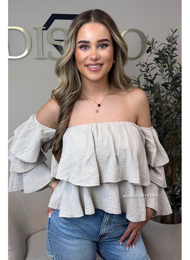 BEIGE - 'LAYLA V2 TOP' - MOUSSELINE COTTON RUFFLE OFF SHOULDER TOP