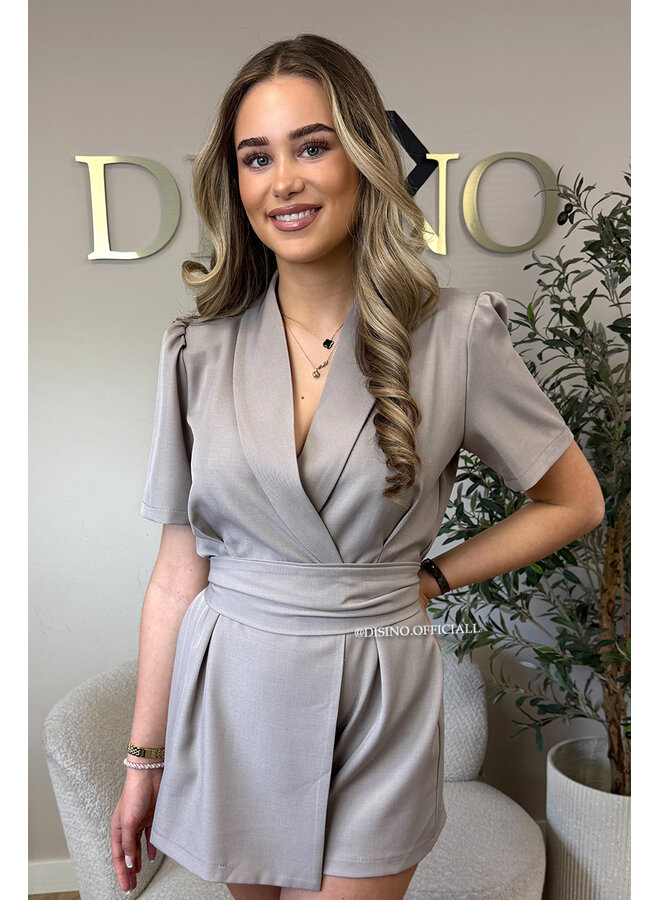 TAUPE - 'EVELYN SHORTSLEEVE PLAYSUIT' - CLASSY BLAZER PLAYSUIT + BELT