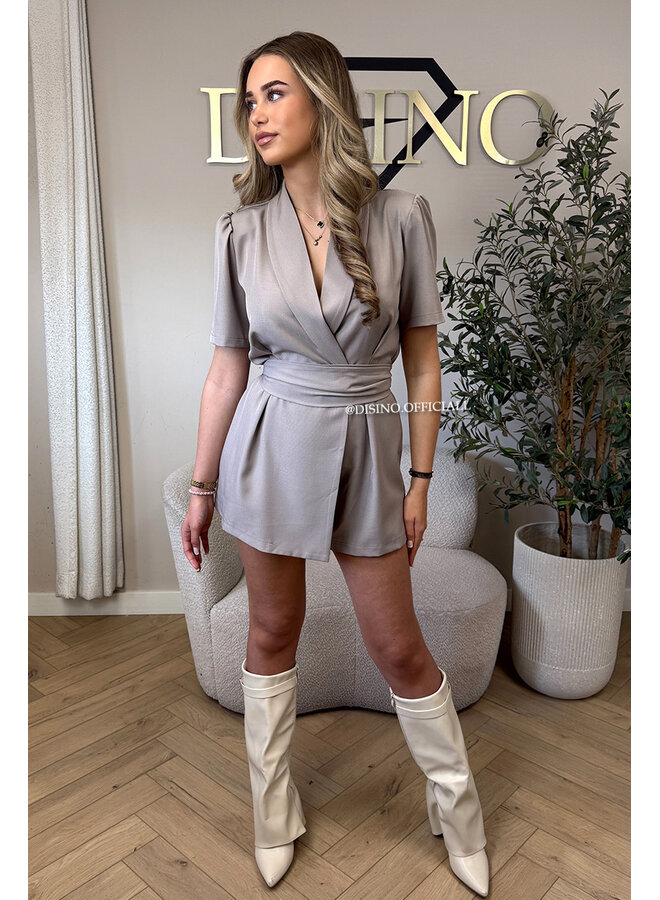 TAUPE - 'EVELYN SHORTSLEEVE PLAYSUIT' - CLASSY BLAZER PLAYSUIT + BELT