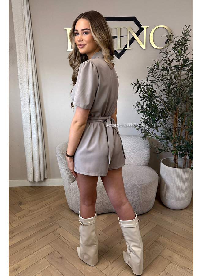 TAUPE - 'EVELYN SHORTSLEEVE PLAYSUIT' - CLASSY BLAZER PLAYSUIT + BELT