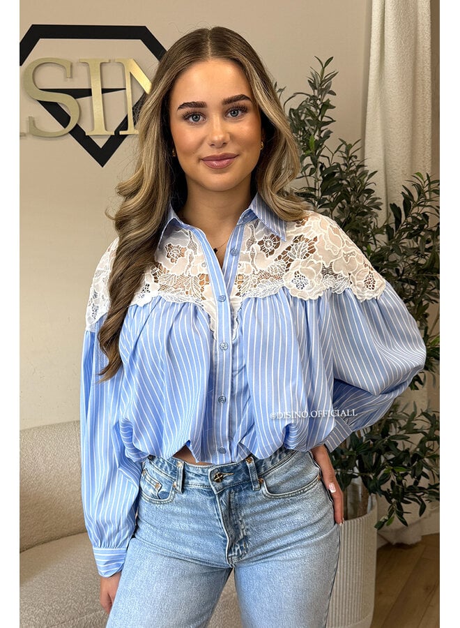 BLUE - 'CHAYA BLOUSE' - STRIPED LACE DETAIL CROPPED BLOUSE