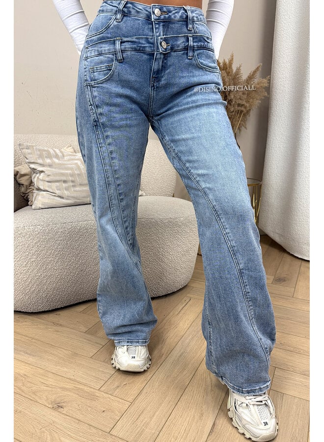 BLUE - 'AXELLE JEANS' - ASSYMETRIC SUPER STRETCH EXCLUSIVE WIDE LEG JEANS