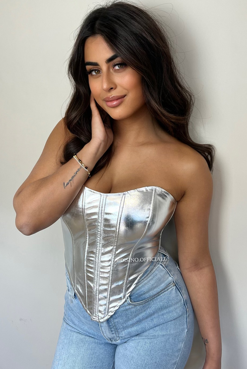 SILVER - 'MONROE' - EXCLUSIVE METALLIC LEATHER CORSET TOP - DISINO