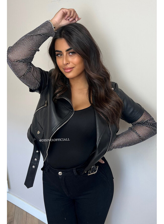 BLACK - 'DIAMOND SLEEVE BIKER' - EXCLUSIVE DIAMONDS SLEEVE LEATHER BIKER JACKET
