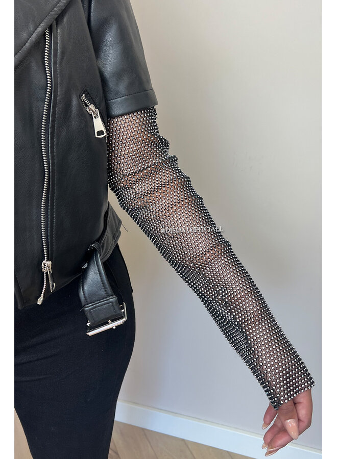 BLACK - 'DIAMOND SLEEVE BIKER' - EXCLUSIVE DIAMONDS SLEEVE LEATHER BIKER JACKET
