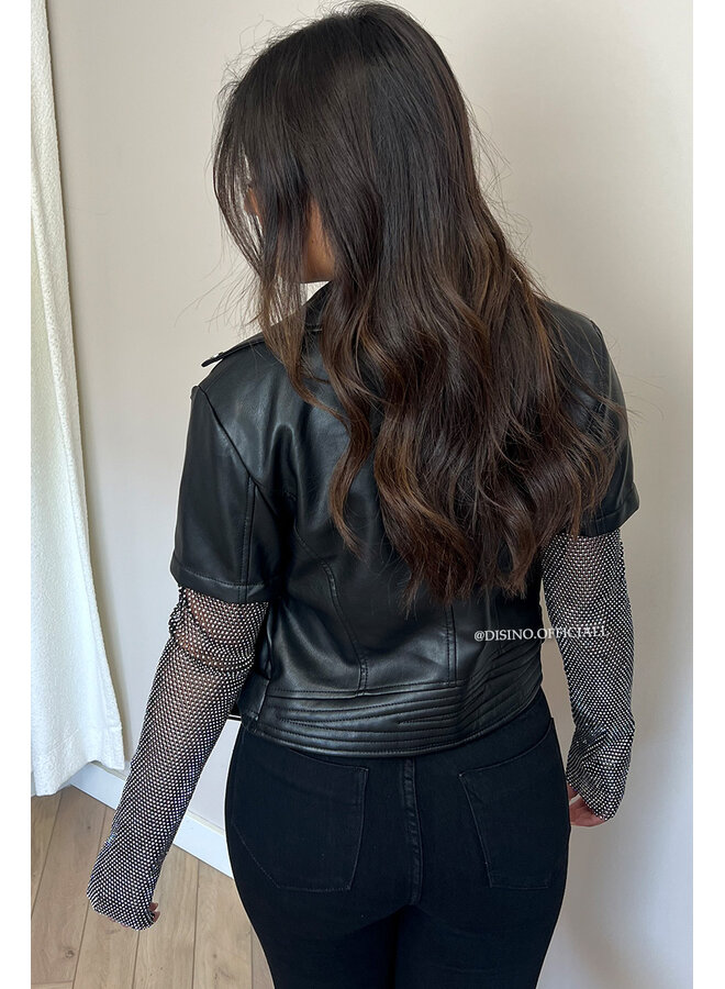 BLACK - 'DIAMOND SLEEVE BIKER' - EXCLUSIVE DIAMONDS SLEEVE LEATHER BIKER JACKET