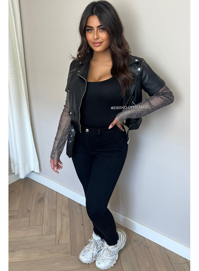 BLACK - 'DIAMOND SLEEVE BIKER' - EXCLUSIVE DIAMONDS SLEEVE LEATHER BIKER JACKET