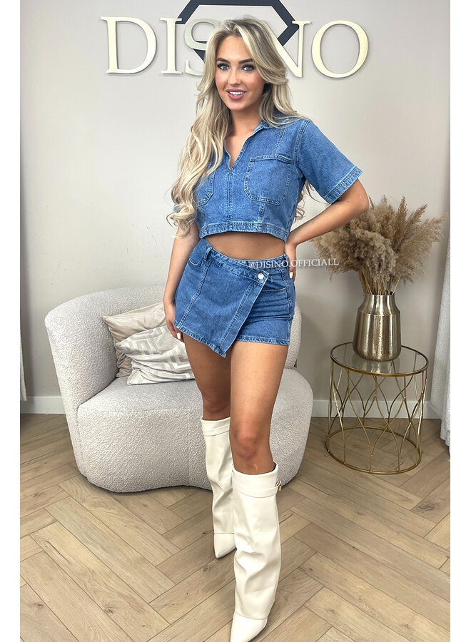 DARK BLUE - 'LILOU TOP' - STRETCH DENIM SHIRT TOP