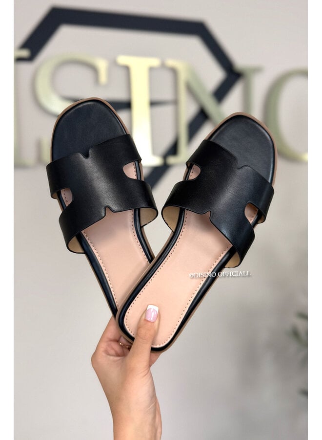 BLACK - 'H-SLIDERS' - DESIGNER INSPIRED SLIPPERS