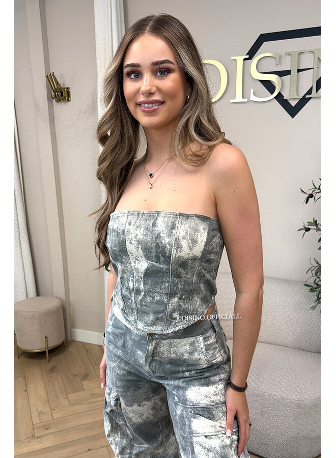 GREY - 'YADE CORSET TOP' - ACID WASH DENIM CORSET TOP