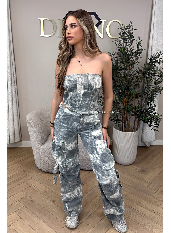 GREY - 'YADE CORSET TOP' - ACID WASH DENIM CORSET TOP