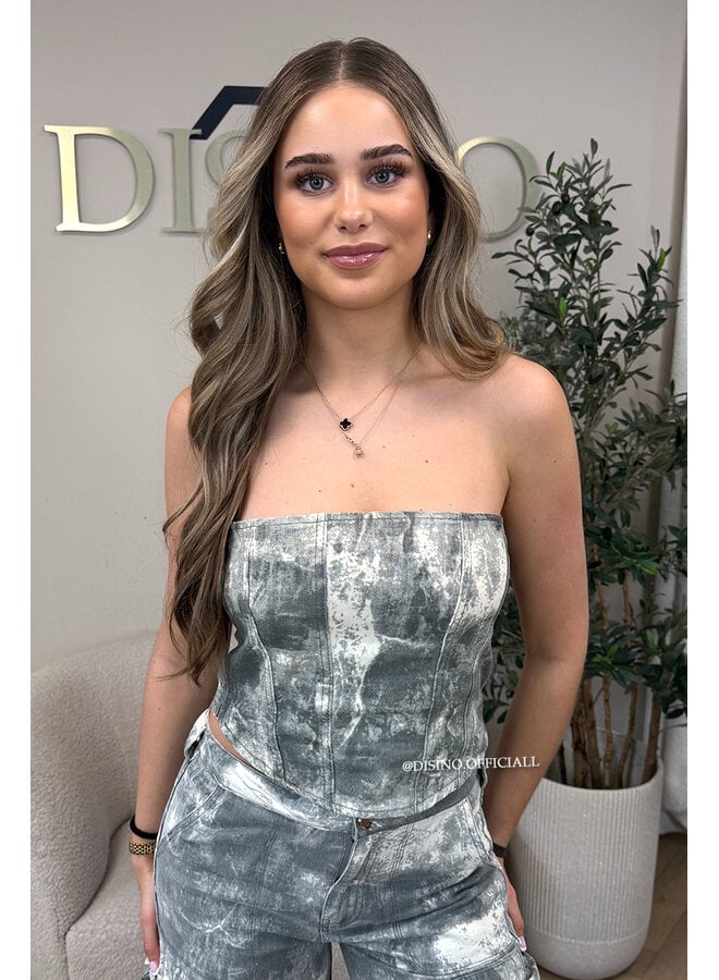 GREY - 'YADE CORSET TOP' - ACID WASH DENIM CORSET TOP