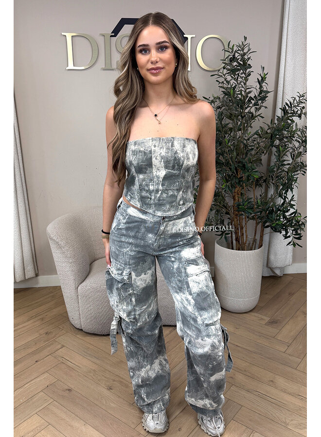 GREY - 'YADE CORSET TOP' - ACID WASH DENIM CORSET TOP