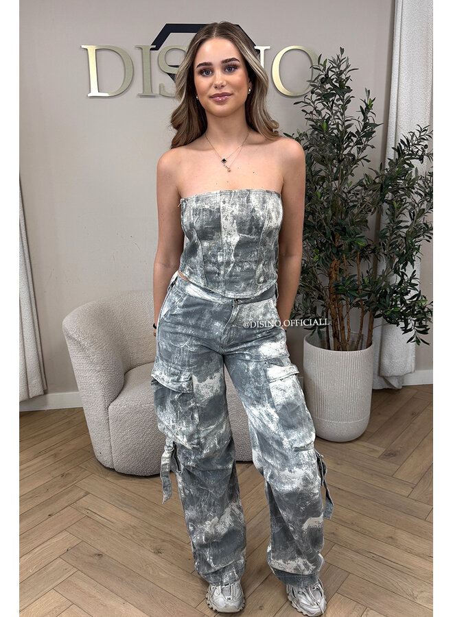 GREY - 'YADE CORSET TOP' - ACID WASH DENIM CORSET TOP