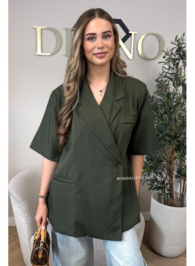 OLIVE GREEN - 'MAEVA BLAZER' - OVERSIZED SHORT SLEEVE BLAZER DRESS
