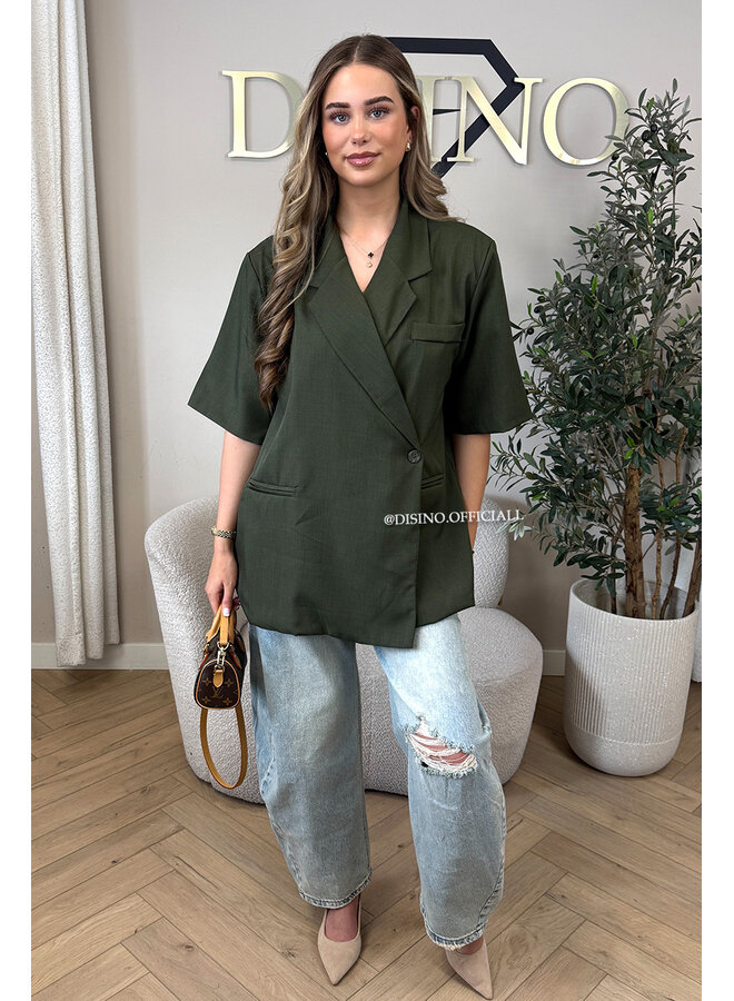 OLIVE GREEN - 'MAEVA BLAZER' - OVERSIZED SHORT SLEEVE BLAZER DRESS