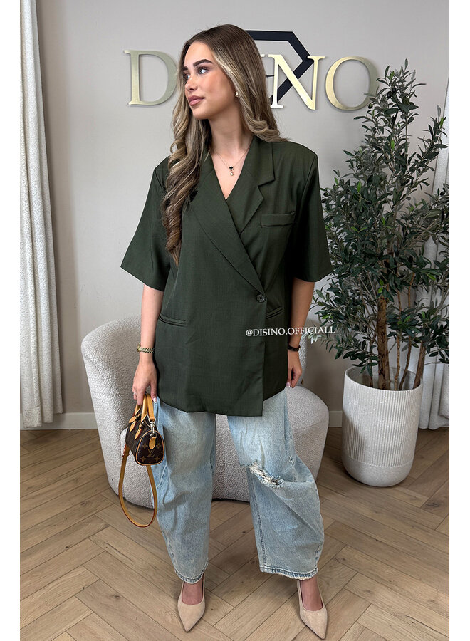 OLIVE GREEN - 'MAEVA BLAZER' - OVERSIZED SHORT SLEEVE BLAZER DRESS