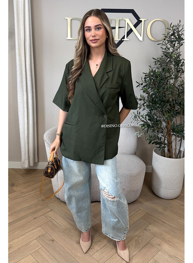 OLIVE GREEN - 'MAEVA BLAZER' - OVERSIZED SHORT SLEEVE BLAZER DRESS
