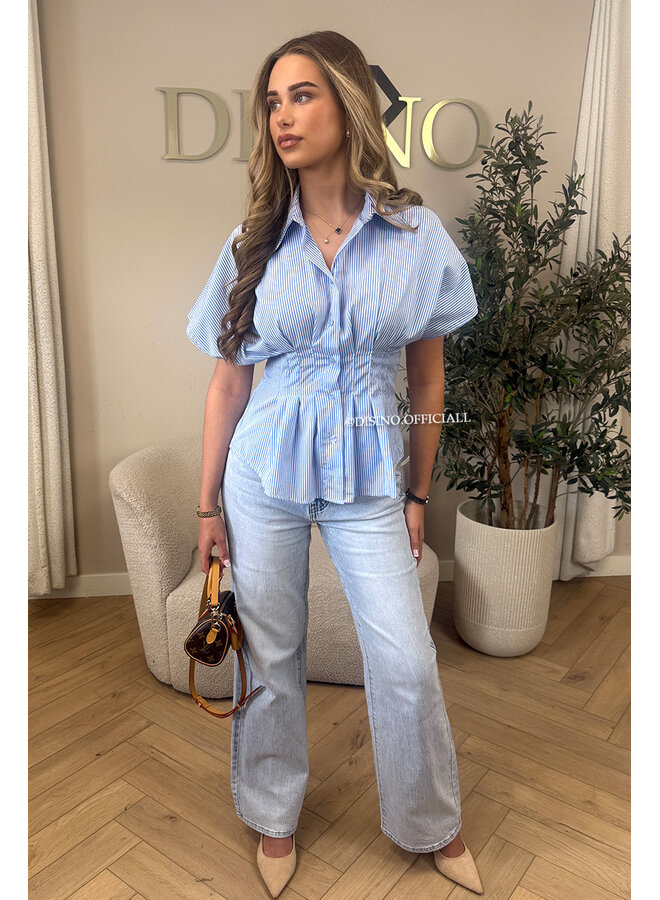 BLUE - 'CLAIRE BLOUSE' - SHORTSLEEVE STRIPED SNATCH BLOUSE