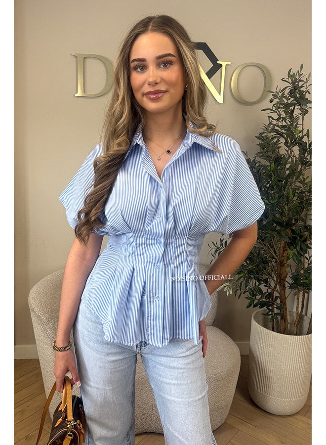 BLUE - 'CLAIRE BLOUSE' - SHORTSLEEVE STRIPED SNATCH BLOUSE
