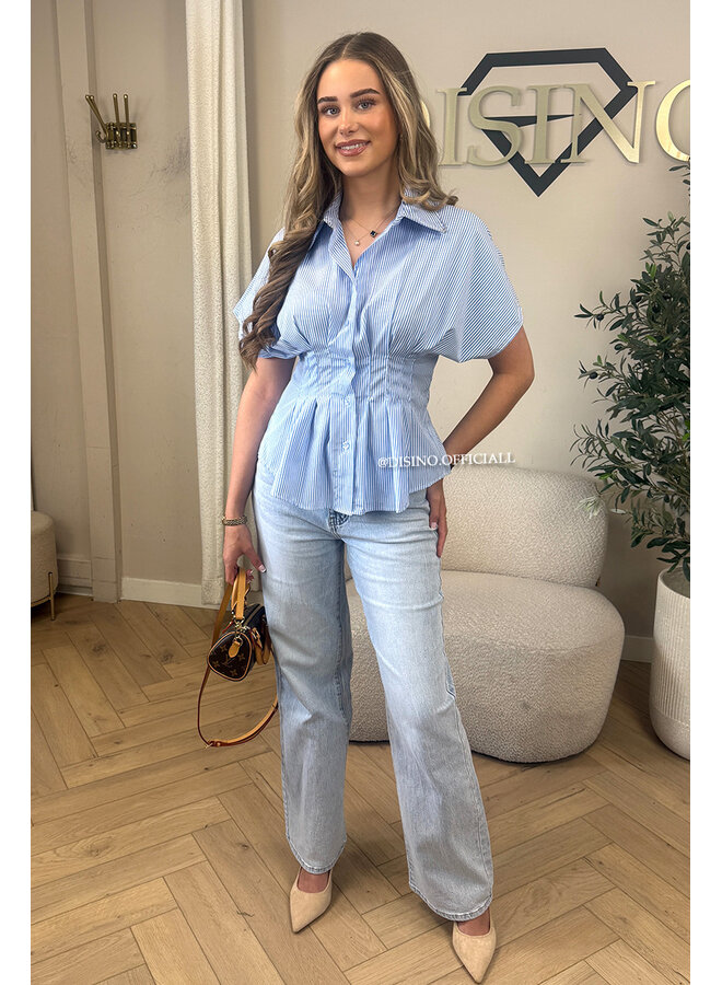 BLUE - 'CLAIRE BLOUSE' - SHORTSLEEVE STRIPED SNATCH BLOUSE