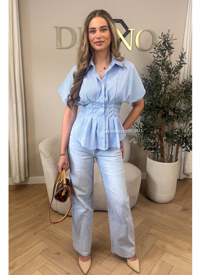 BLUE - 'CLAIRE BLOUSE' - SHORTSLEEVE STRIPED SNATCH BLOUSE